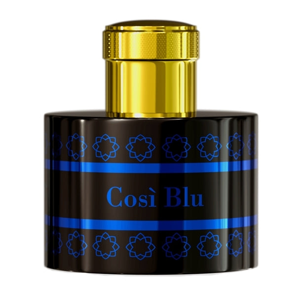 Pantheon Roma - Così Blu Parfumflakon in schwarzem Design mit auffälligem blauem Muster und goldenem Verschluss vor weißem Hintergrund