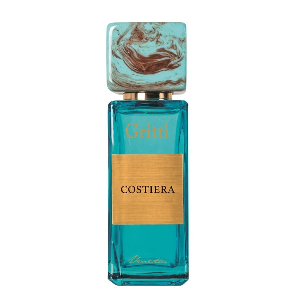 Gritti - Smaragd Collection - Costiera Parfumflakon in türkisblauem Glas mit goldenem Etikett und marmoriertem Verschluss