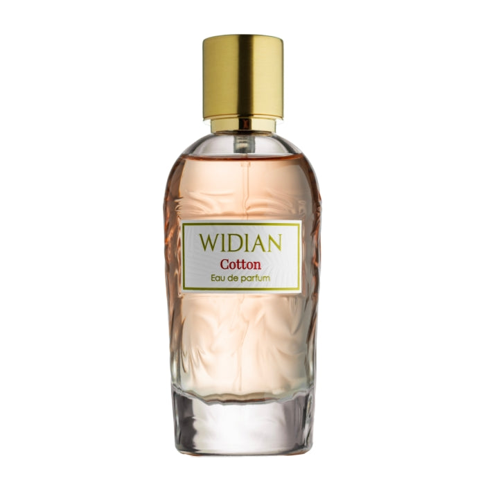 Widian - Rose Arabia Collection - Cotton Parfumflakon mit zartem Rosa und goldenem Verschluss vor weißem Hintergrund