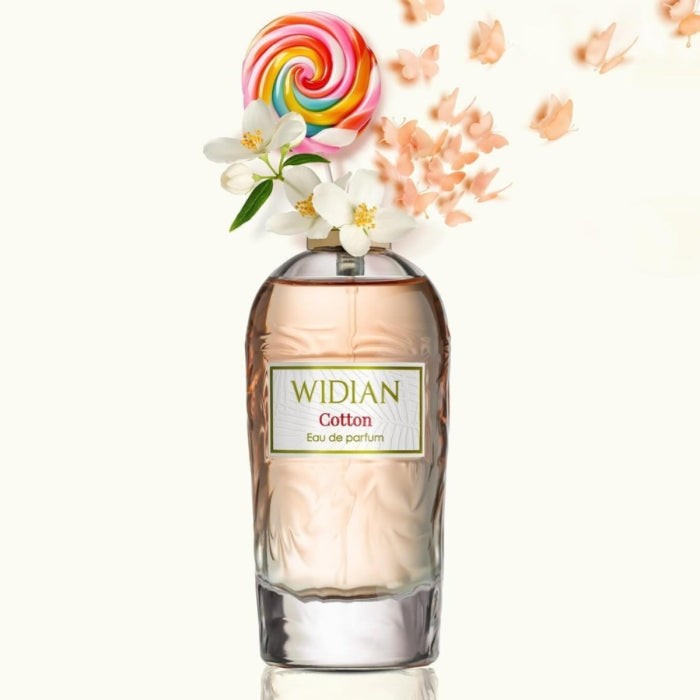 Widian - Rose Arabia Collection - Cotton Parfumflakon mit verspieltem Zuckerstab und zarten Blüten vor hellem Hintergrund