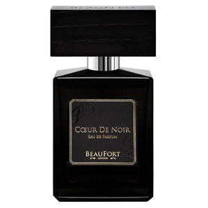 BeauFort London - Cœur de Noir eleganter schwarzer Flakon mit goldener Schrift und massivem Deckel vor weißem Hintergrund