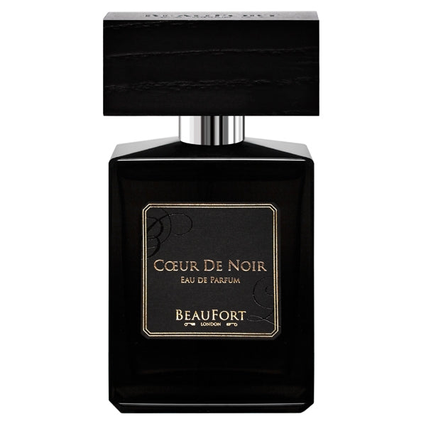BeauFort London - Cœur de Noir eleganter schwarzer Flakon mit goldener Schrift und massivem Deckel vor weißem Hintergrund