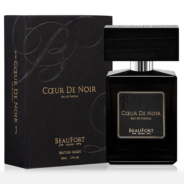 BeauFort London - Cœur de Noir edler schwarzer Flakon mit markanter Kappe und eleganter Verpackung vor weißem Hintergrund