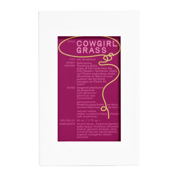 D.S. & Durga - Cowgirl Grass Verpackung mit kräftigem pinkfarbenem Etikett und stilisiertem goldfarbenem Schriftzug