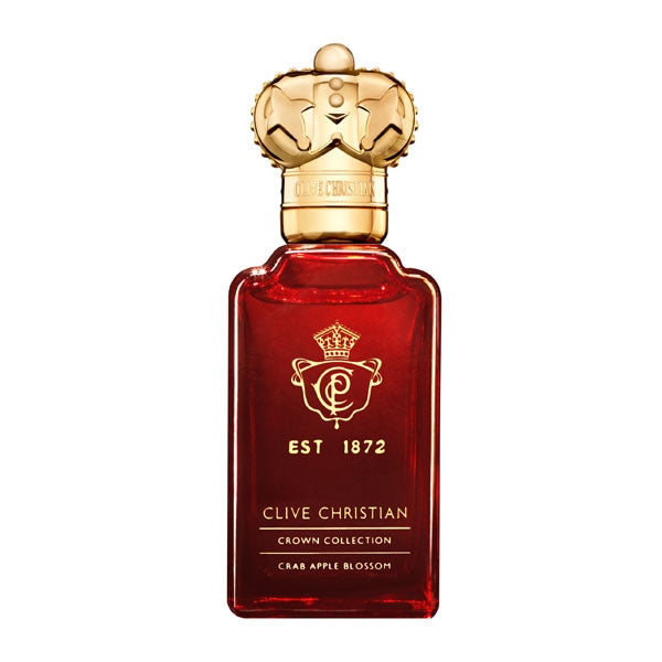 Clive Christian - Crown Collection - Crab Apple Blossom Parfumflakon in sattem Rot mit goldfarbener Krone vor weißem Hintergrund