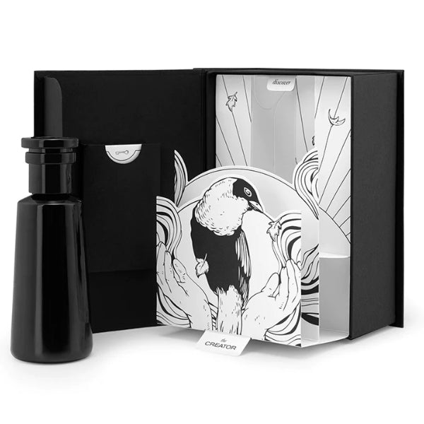 Argentum - Creator - Air schwarzer eleganter Flakon mit künstlerischer Verpackung und detailreichem Vogelmotiv