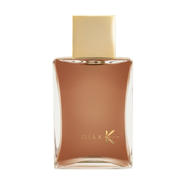 Ella K - Cri du Kalahari Parfumflakon mit goldfarbenem Verschluss und braunem Inhalt auf weißem Hintergrund