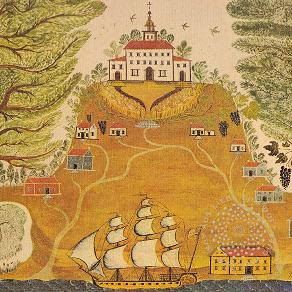 D.S. & Durga - Coriander mit Segelschiff und Häusern vor hügeliger Landschaft in historischer Illustration