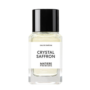 Matière Première - Crystal Saffron zeigt klaren Flakon mit schwarzem Verschluss und hellem Duft vor weißem Hintergrund