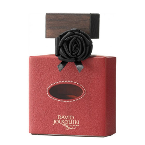 David Jourquin - Cuir de R’Eve Parfumflakon mit rotem Lederbezug, schwarzer Rosenapplikation und Holzverschluss, elegant und markant gestaltet
