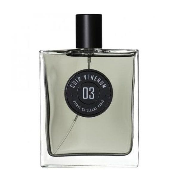 PIerre Guillaume - Cuir Venenum No.3 Parfumflakon mit grünlich-transparentem Inhalt und mattschwarzem Verschluss vor weißem Hintergrund