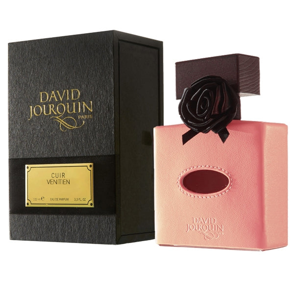 David Jourquin - Cuir Vénitien Parfumflakon in pinkem Leder mit schwarzer Rosenverzierung und edler schwarzer Verpackung