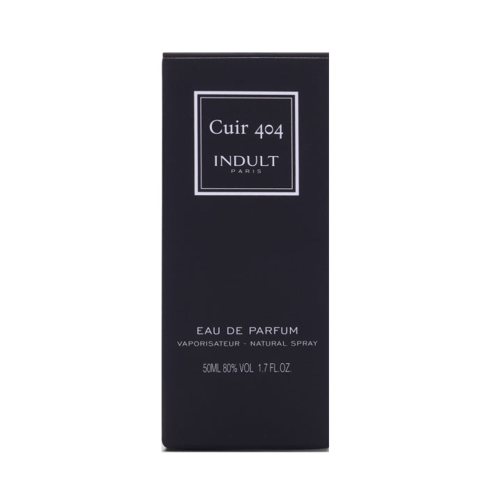 Indult - Cuir 404 zeigt elegante schwarze Verpackung mit schlichtem weißem Schriftzug und minimalistischem Design