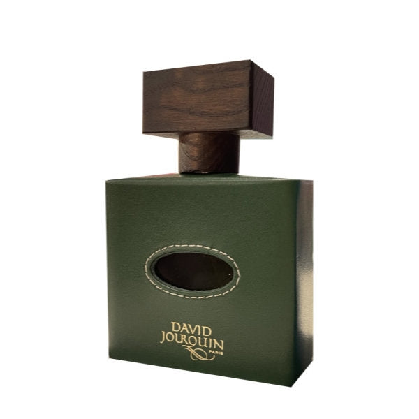 David Jourquin - Cuir d'Eden Parfumflakon in grünem Lederdesign mit dekorativem Holzverschluss vor weißem Hintergrund