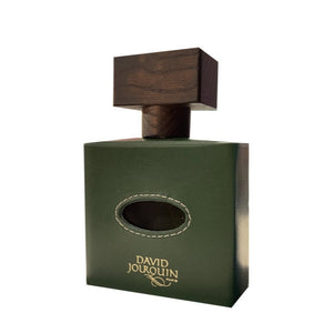 David Jourquin - Cuir d'Eden Parfumflakon in grünem Lederdesign mit dekorativem Holzverschluss vor weißem Hintergrund