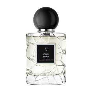 Les Sœurs de Noé - Cuir Noir - Black Edition Parfümflakon mit transparentem Glas und schwarzem Kugeldeckel vor weißem Hintergrund