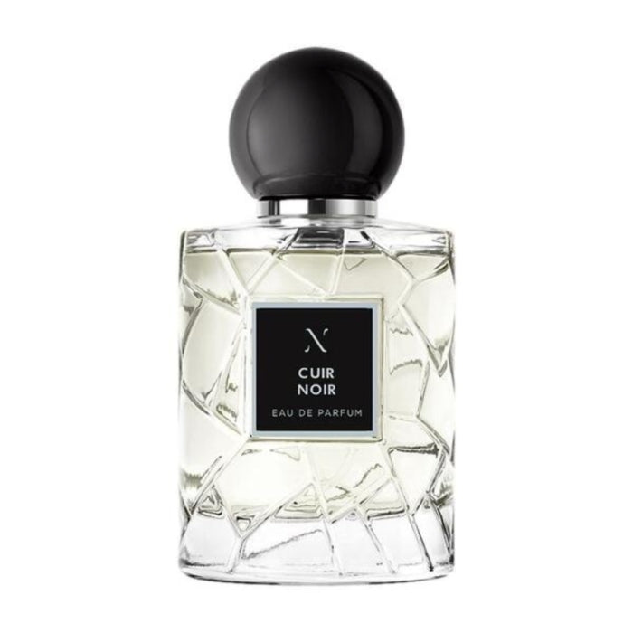 Les Sœurs de Noé - Cuir Noir - Black Edition Parfümflakon mit transparentem Glas und schwarzem Kugeldeckel vor weißem Hintergrund