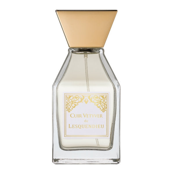 Lesquendieu - Oriental Collection - Cuir Vetyver zeigt klaren Flakon mit goldfarbenem, dreieckigem Verschluss und edlem Etikett.