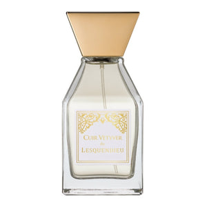 Lesquendieu - Oriental Collection - Cuir Vetyver zeigt klaren Flakon mit goldfarbenem, dreieckigem Verschluss und edlem Etikett.
