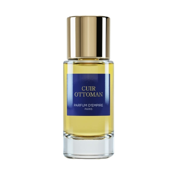 Parfum d'Empire - Cuir Ottoman im klaren Flakon mit goldfarbenem Verschluss und dunkelblauem Etikett vor weißem Hintergrund