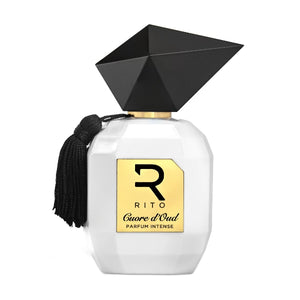 Rito - Cuore d'Oud weißer Flakon mit facettiertem geometrischem schwarzen Verschluss und goldfarbenem Label mit Quaste