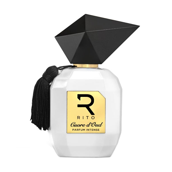 Rito - Cuore d'Oud weißer Flakon mit facettiertem geometrischem schwarzen Verschluss und goldfarbenem Label mit Quaste