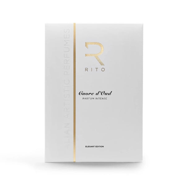Rito - Cuore d'Oud minimalistische weiße Verpackung mit goldenem R-Logo und schmalem vertikalem Goldstreifen