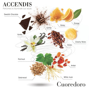 Accendis - The Golds - Cuoredoro Duftnoten mit Vanille, Honig, Kaffee, Amber, Patchouli und zartem Moschus in inspirierender Anordnung