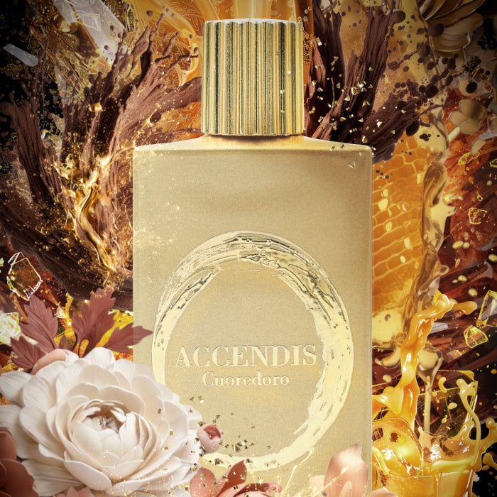 Accendis - The Golds - Cuoredoro goldener Flakon mit rundem Ornament und floralen sowie würzigen Akzenten im Hintergrund