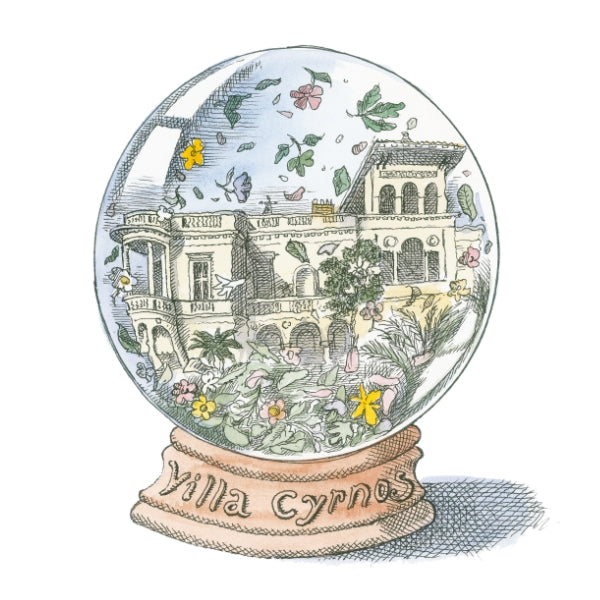 Trudon - Cyrnos - Duftkerze mit Illustration der Villa Cyrnos und floralen Elementen in nostalgischem Design