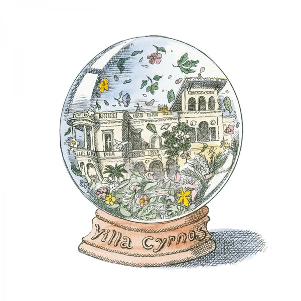 Trudon - Cyrnos - Raumspray Illustration mit Villa Cyrnos in Schneekugel und zarten Blumenmotiven