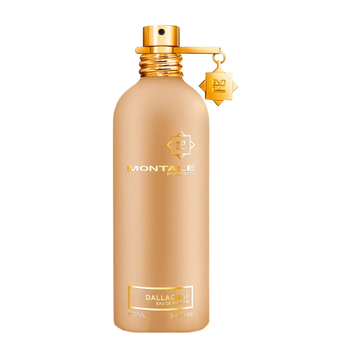 Montale - Dallachaï Parfumflakon in goldener Optik mit elegantem Verschluss vor weißem Hintergrund