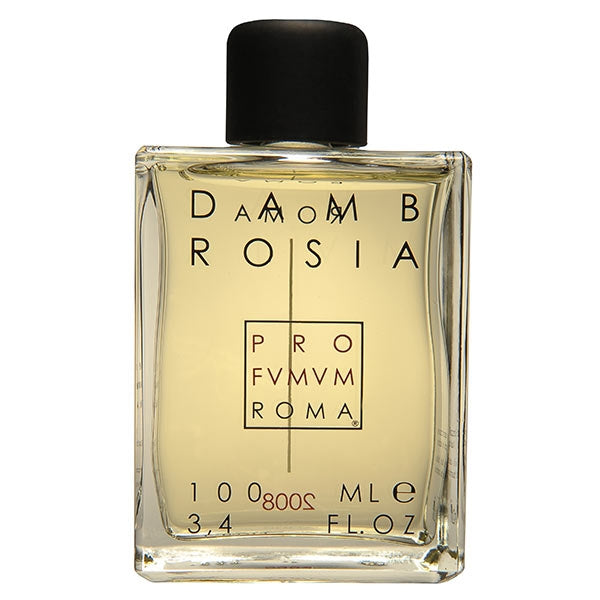 Profumum Roma - Dambrosia Parfumflakon mit klarem Glas, schwarzem Verschluss und goldgelber Flüssigkeit vor weißem Hintergrund