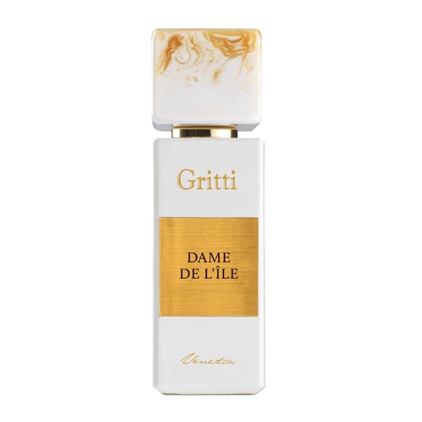 Gritti - White Collection - Dame de L'Île eleganter weißer Flakon mit goldfarbenem Label und marmoriertem Verschluss vor weißem Hintergrund