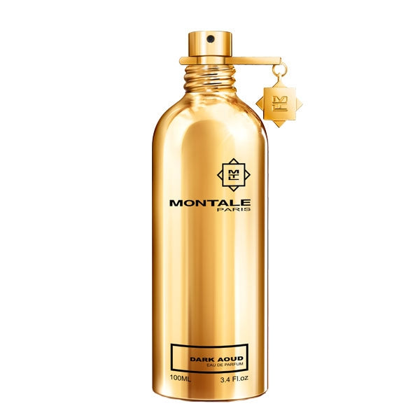 Montale - Dark Aoud goldener Flakon mit abnehmbarem Anhänger vor weißem Hintergrund