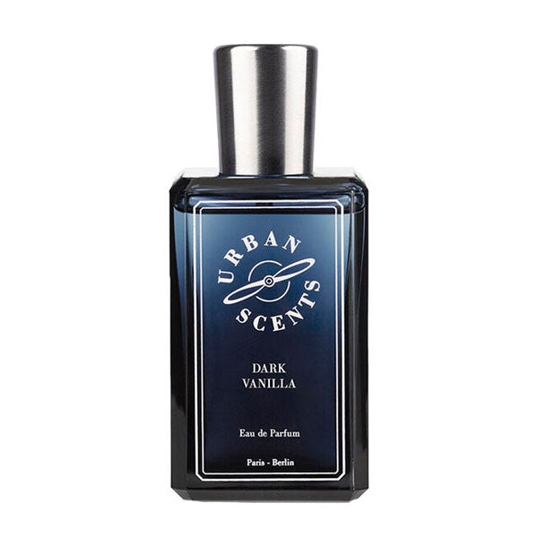 Urban Scents - Dark Vanilla Parfumflakon mit dunkelblauem Glas und silbernem Verschluss vor schlichtem weißem Hintergrund