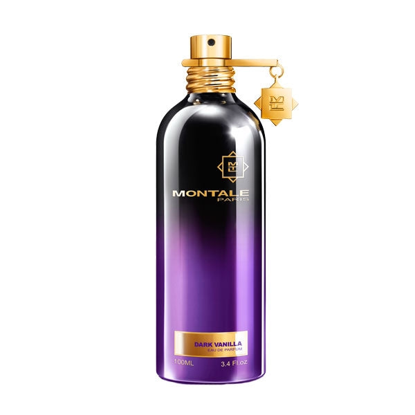 Montale - Dark Vanilla Parfumflakon mit glänzendem schwarzen und violetten Design und goldfarbenem Verschluss vor weißem Hintergrund