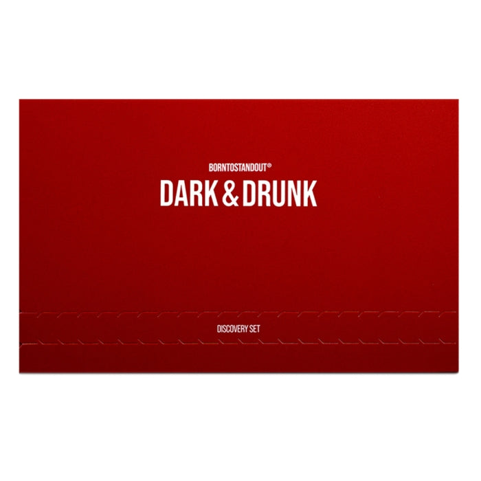 BORNTOSTANDOUT - Dark & Drunk Discovery Set in rotem Design mit weißer Schrift – edle Duftprobenbox