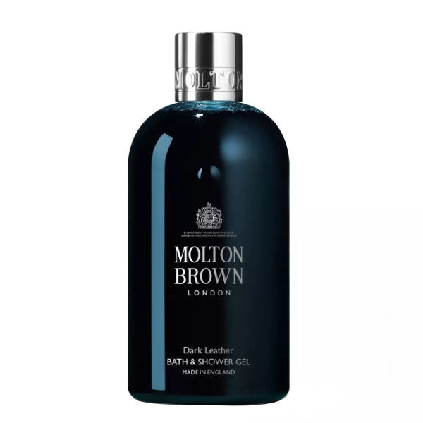 Molton Brown - Dark Leather Bath & Shower Gel in eleganter, dunkler Flasche mit silbernem Verschluss vor weißem Hintergrund