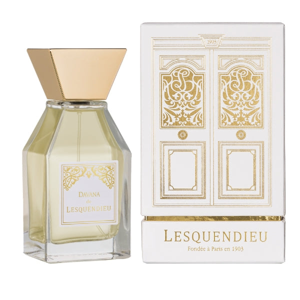 Lesquendieu - Oriental Collection - Davana Parfumflakon mit goldfarbenem Verschluss und edlem weiß-goldenem Etikett neben Kartonverpackung