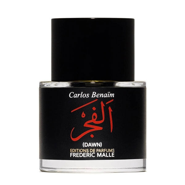 Frédéric Malle - Dawn Parfumflakon mit schwarz-rotem Etikett und schlichtem Design vor weißem Hintergrund