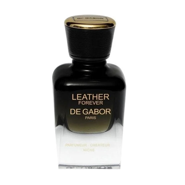 De Gabor - Leather Forever zeigt schwarzen Flakon mit goldfarbenem Deckel und elegantem Farbverlauf von Schwarz zu Klar.