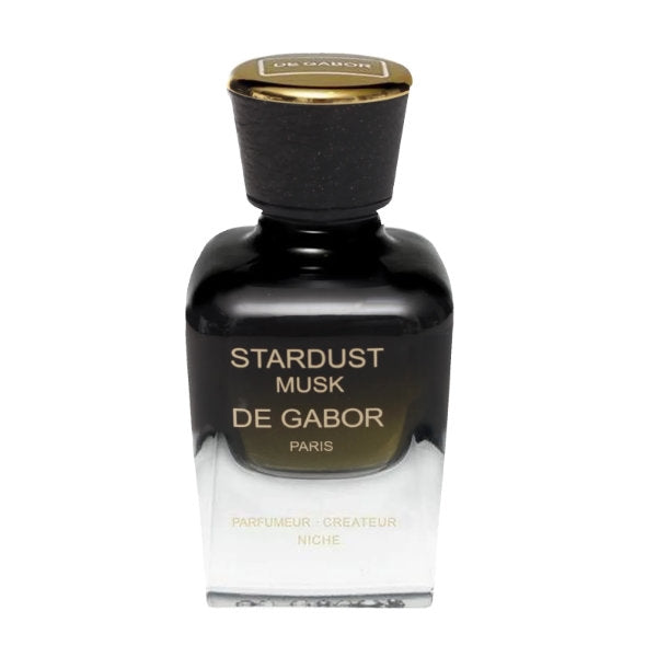 De Gabor - Stardust Musk präsentiert einen eleganten Flakon mit schwarzem Glas und goldfarbenem Verschluss in moderner Form