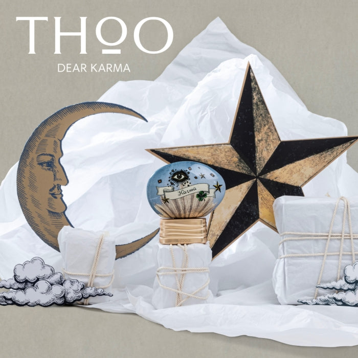 THoO - Crazy Collection - Dear Karma zeigt dekorativen Flakon mit Mond, Stern und künstlerischer Verpackung in heller Inszenierung
