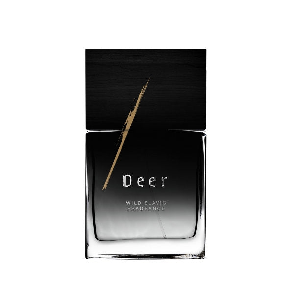 Wolf Brothers - Deer Parfumflakon mit schwarzem Holzdeckel und dunkelgrauem Verlauf in schlichtem Glas vor weißem Hintergrund