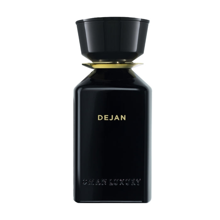 Omanluxury - Dejan - Limited Collection Parfümflakon in tiefschwarzem Design mit goldener Schrift auf weißem Hintergrund