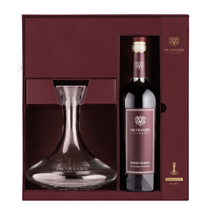 Dr. Vranjes Firenze - Rosso Nobile - Dekanter in edler Bordeaux-Flasche mit filigraner Gravur und schwarzem Stäbchenset in Geschenkbox