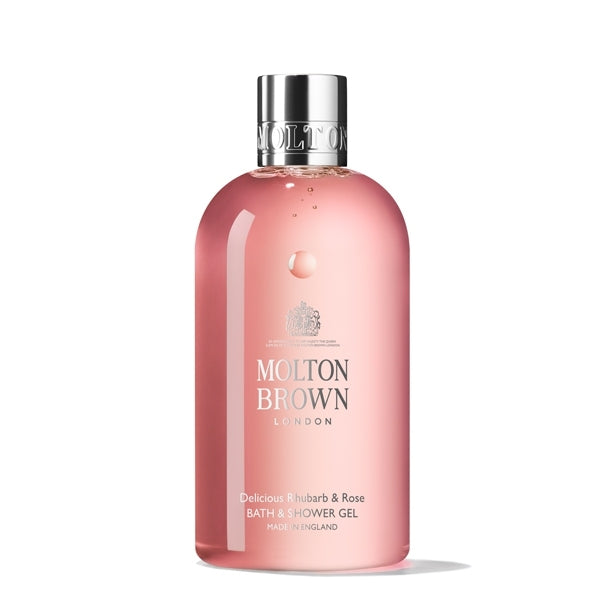 Molton Brown - Delicious Rhubarb & Rose Bath & Shower Gel in rosafarbenem Flakon mit silbernem Verschluss, verführerische Duftkomposition
