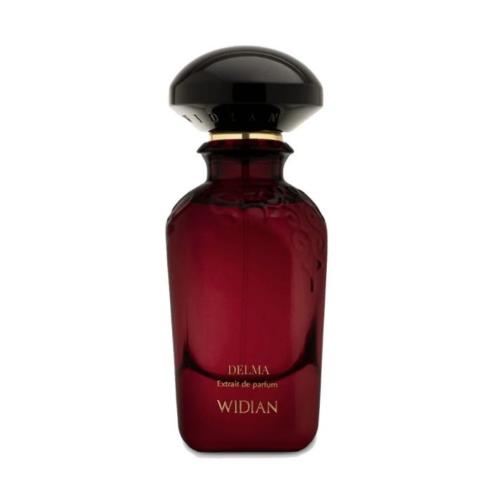 Widian - Velvet Collection - Delma Parfumflakon in tiefrotem Glas mit schwarzem Deckel und goldener Akzentierung vor weißem Hintergrund
