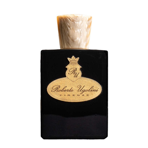 Roberto Ugolini - Derby eleganter schwarzer Flakon mit goldfarbenem Logo und edlem beige-marmoriertem Verschluss auf weißem Hintergrund